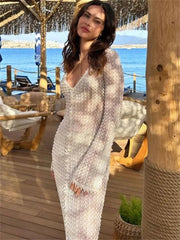 Hollow Out V-Neck Beach Holiday See-Through  High Waist Long Casual Dress Mssaz Desses