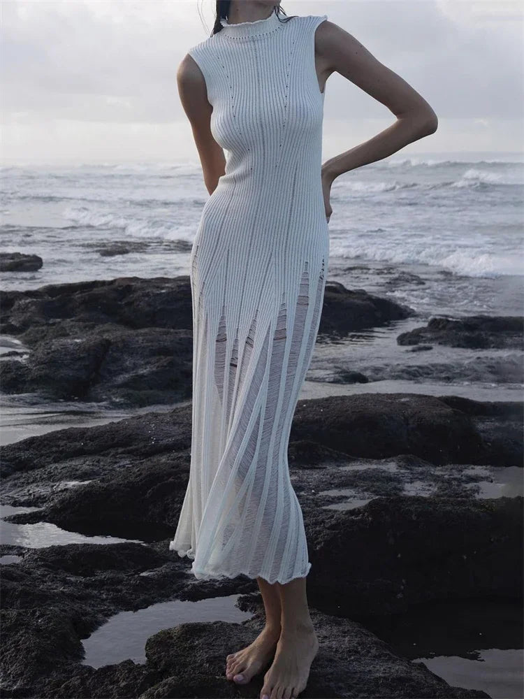 Knit Maxi Female Hollow Out Sleeveless Knitwear Elegant Pullover Casual Dress Mssaz Desses