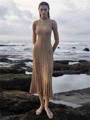 Knit Maxi Female Hollow Out Sleeveless Knitwear Elegant Pullover Casual Dress Mssaz Desses