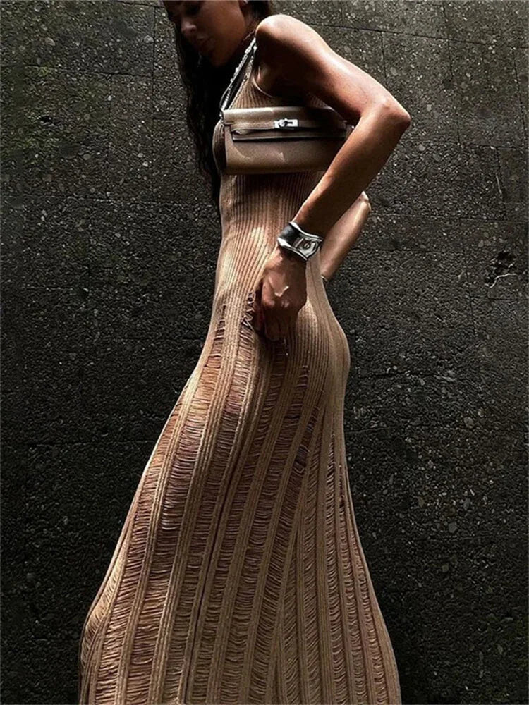 Knit Maxi Female Hollow Out Sleeveless Knitwear Elegant Pullover Casual Dress Mssaz Desses