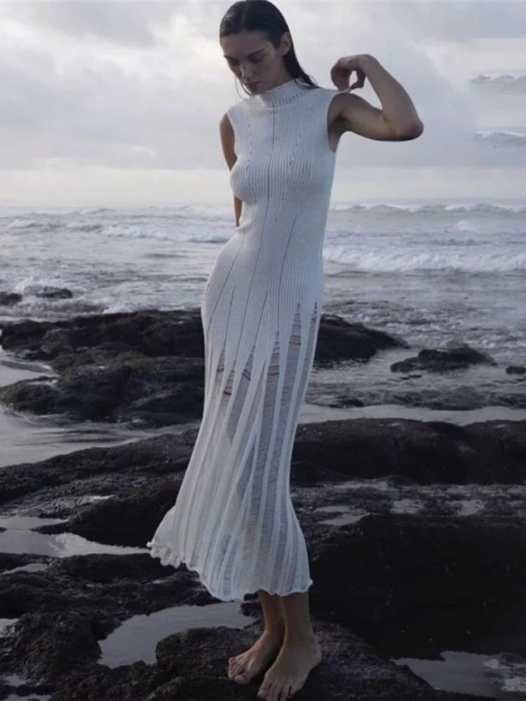 Knit Maxi Female Hollow Out Sleeveless Knitwear Elegant Pullover Casual Dress Mssaz Desses