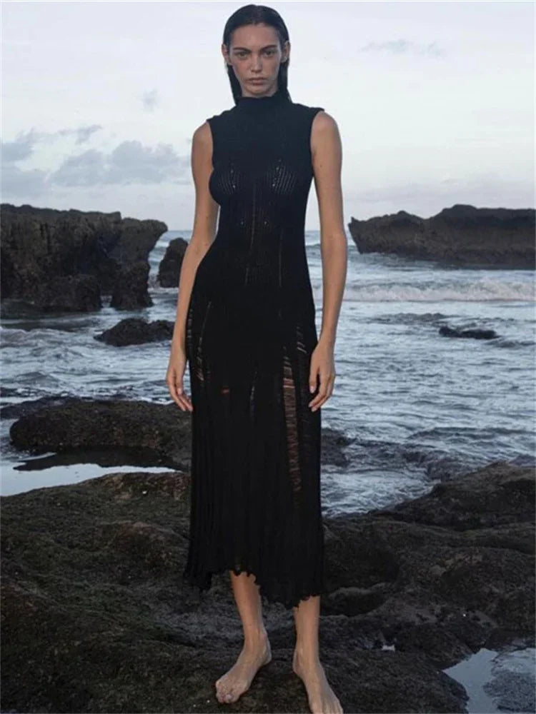 Knit Maxi Female Hollow Out Sleeveless Knitwear Elegant Pullover Casual Dress Mssaz Desses