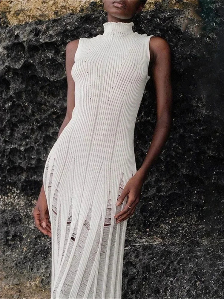 Knit Maxi Female Hollow Out Sleeveless Knitwear Elegant Pullover Casual Dress Mssaz Desses