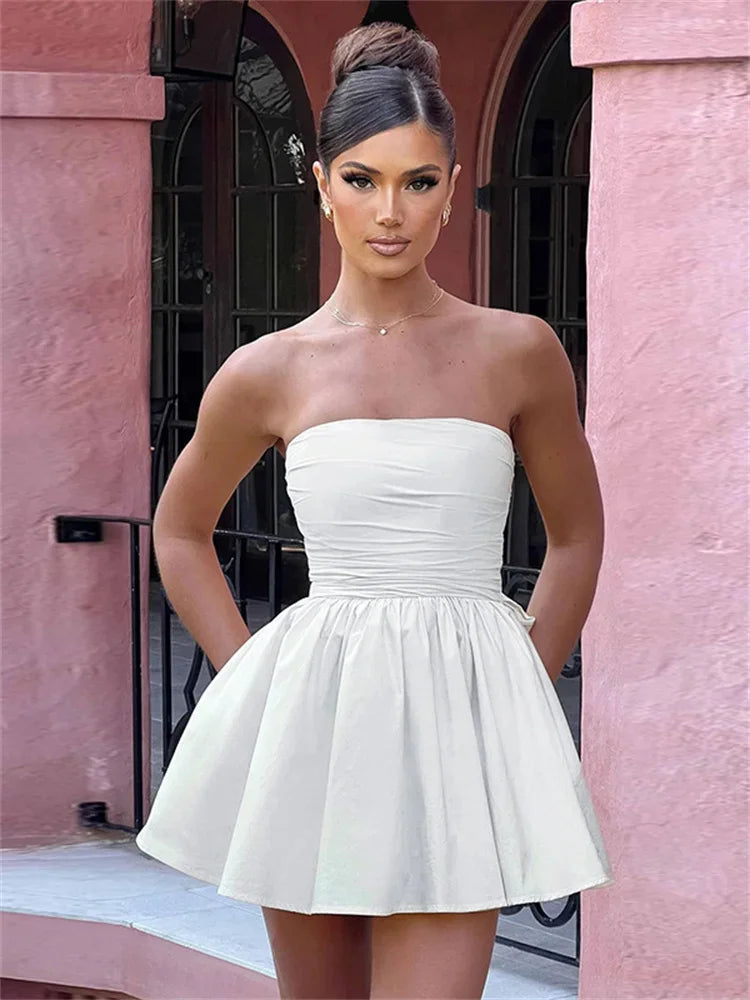 Tee Bow Bandeau Sleeveless Patchwork Bandage Female Lace-Up Casual Dress Mssaz Desses