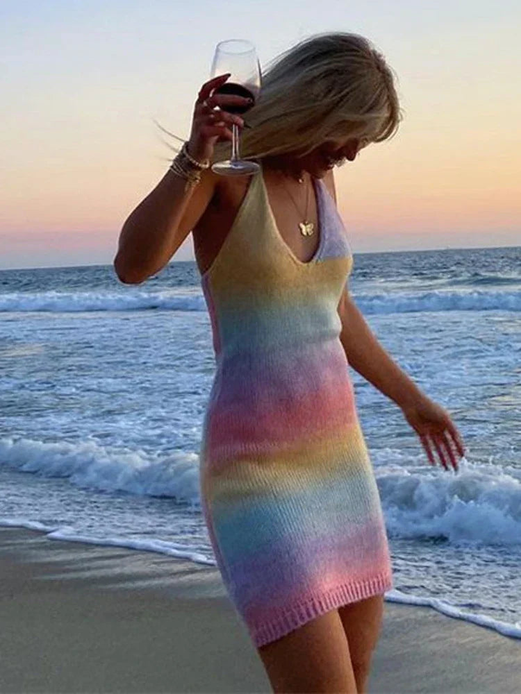 Knitted Spaghetti Strap Maxi Dresses Holiday Hollow Out Split Beach Clothes  Casual Dress Mssaz Desses