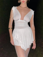 V-Neck Chiffon Mini Sleeveless Wrap Party Beach  A-line Sundress Casual Dress Mssaz Desses