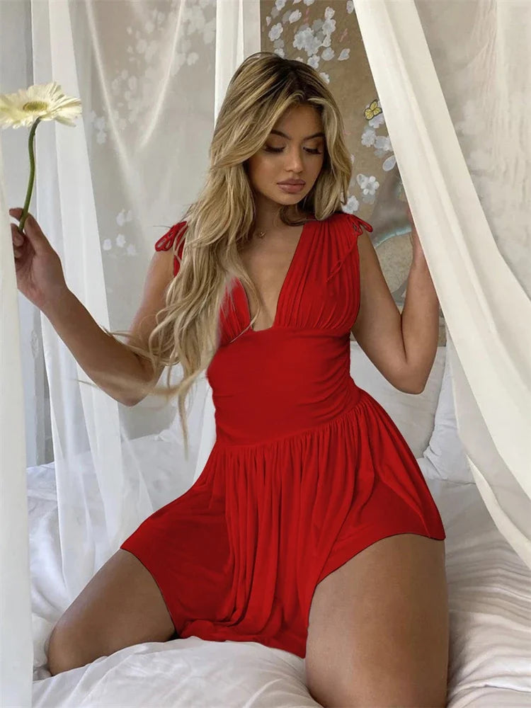 V-Neck Chiffon Mini Sleeveless Wrap Party Beach  A-line Sundress Casual Dress Mssaz Desses
