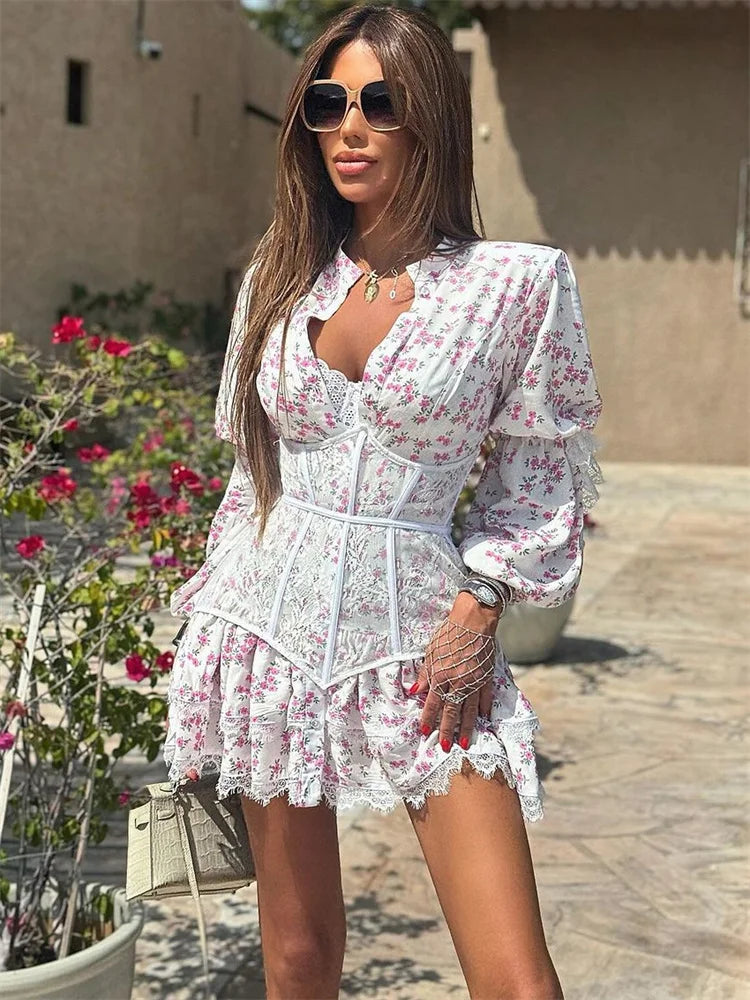 Printed Lace Female Ruffled High Waist Patchwork Contrast Bandage Party  New Casual Dress Mssaz Desses