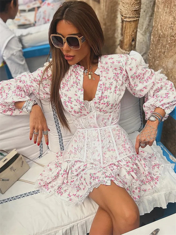 Printed Lace Female Ruffled High Waist Patchwork Contrast Bandage Party  New Casual Dress Mssaz Desses