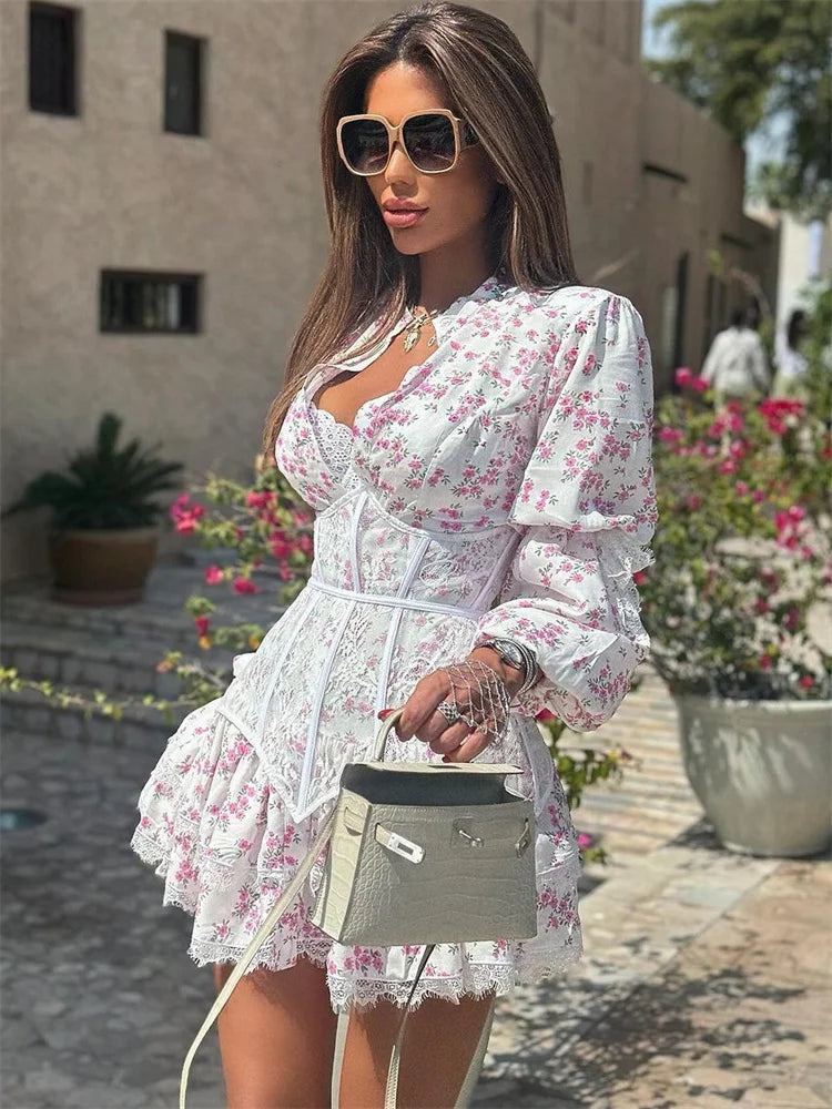 Printed Lace Female Ruffled High Waist Patchwork Contrast Bandage Party  New Casual Dress Mssaz Desses