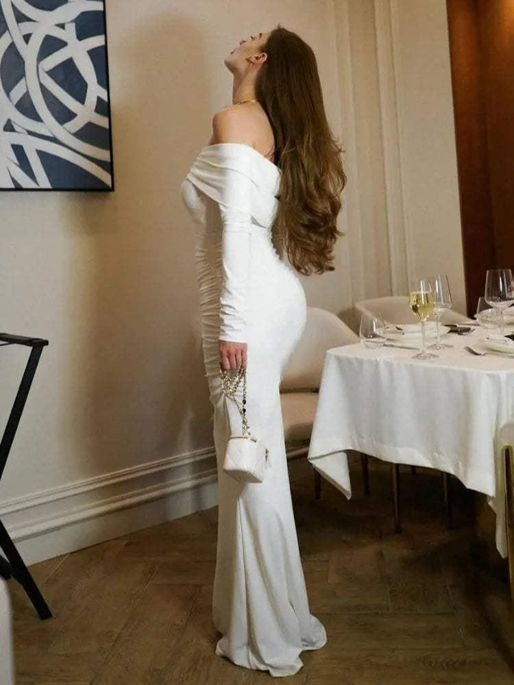 Pleated Slim Maxi Elegant For Patchwork Off-Shoulder Ladies Solid Party Casual Dress Mssaz Desses