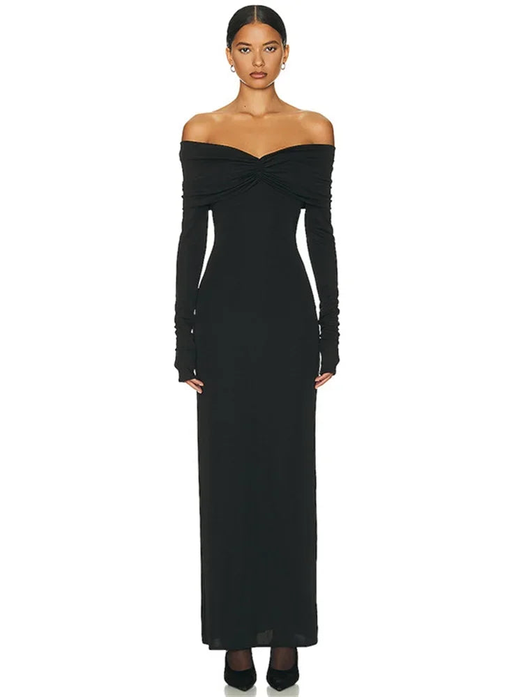 Pleated Slim Maxi Elegant For Patchwork Off-Shoulder Ladies Solid Party Casual Dress Mssaz Desses