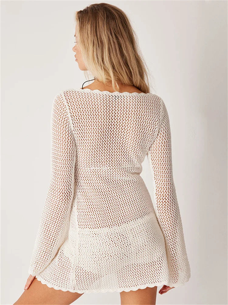 Hollow Out Knitwear Beach Female Long Sleeve Scoop Neck Loose Casual Dress Mssaz Desses
