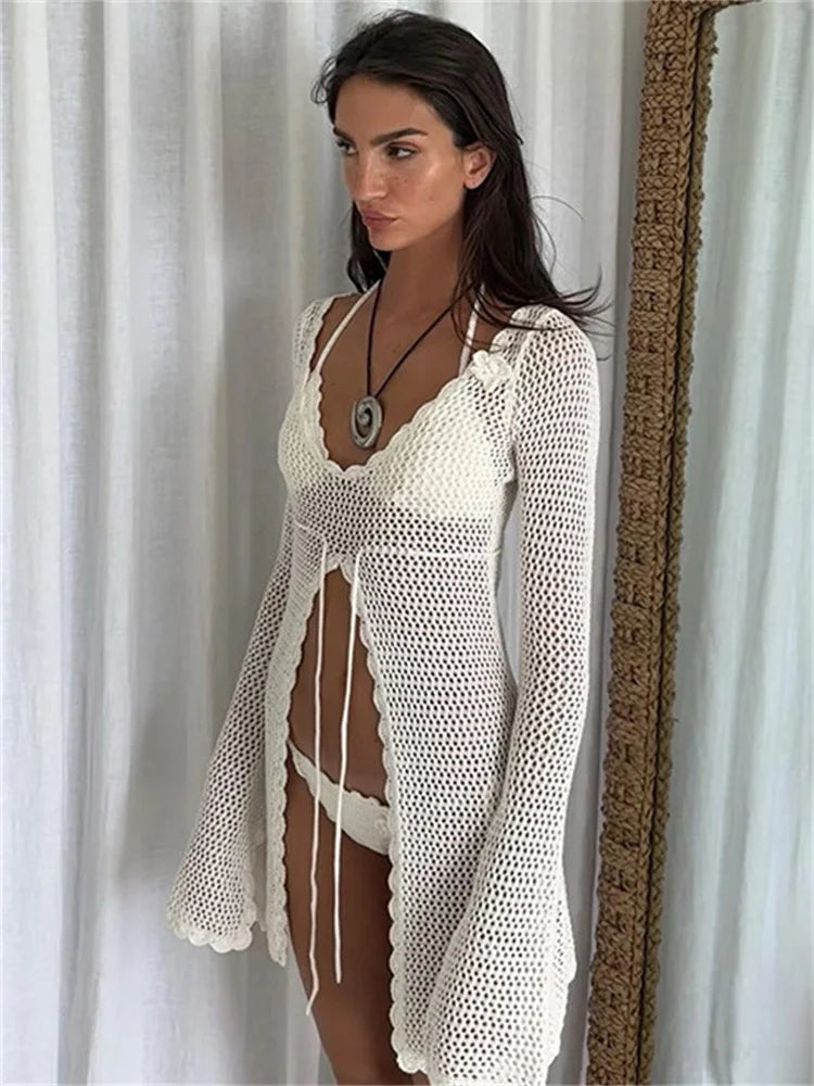 Hollow Out Knitwear Beach Female Long Sleeve Scoop Neck Loose Casual Dress Mssaz Desses