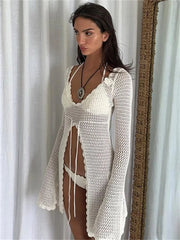 Hollow Out Knitwear Beach Female Long Sleeve Scoop Neck Loose Casual Dress Mssaz Desses