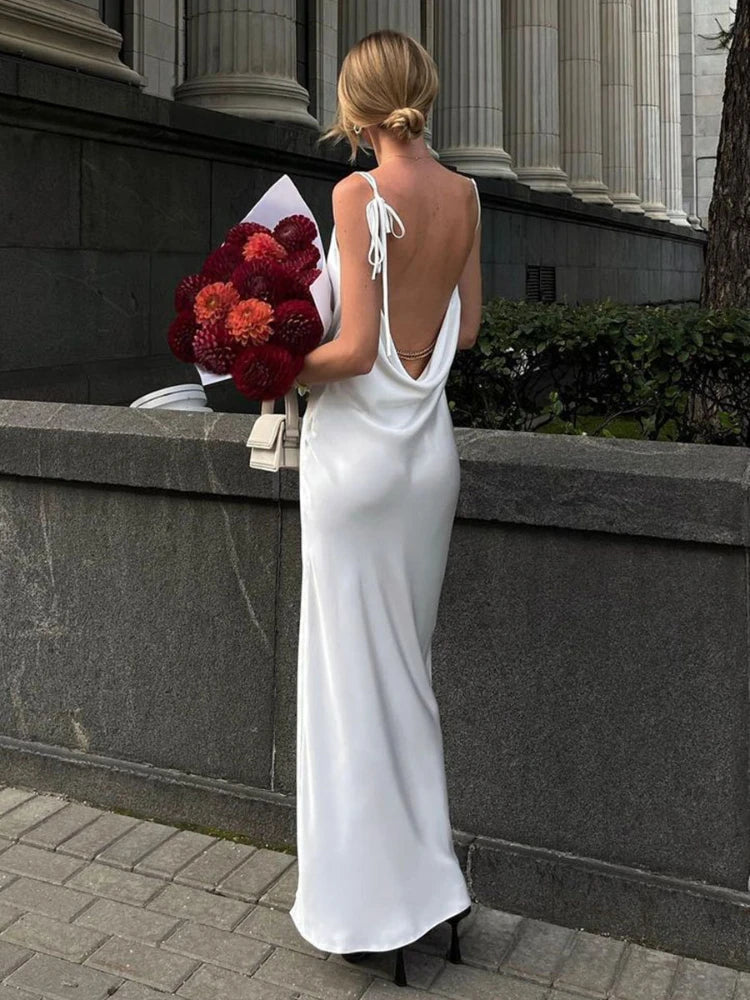High Silt Spaghetti Strap Chain Long V Neck Sleeveless Lace Up Backless Loose Evening Club Party Casual Dress Mssaz Desses