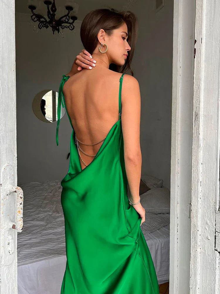High Silt Spaghetti Strap Chain Long V Neck Sleeveless Lace Up Backless Loose Evening Club Party Casual Dress Mssaz Desses
