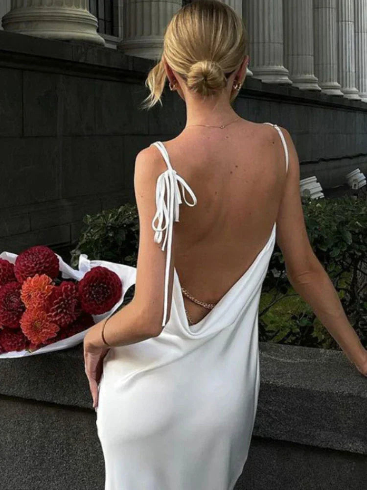 High Silt Spaghetti Strap Chain Long V Neck Sleeveless Lace Up Backless Loose Evening Club Party Casual Dress Mssaz Desses