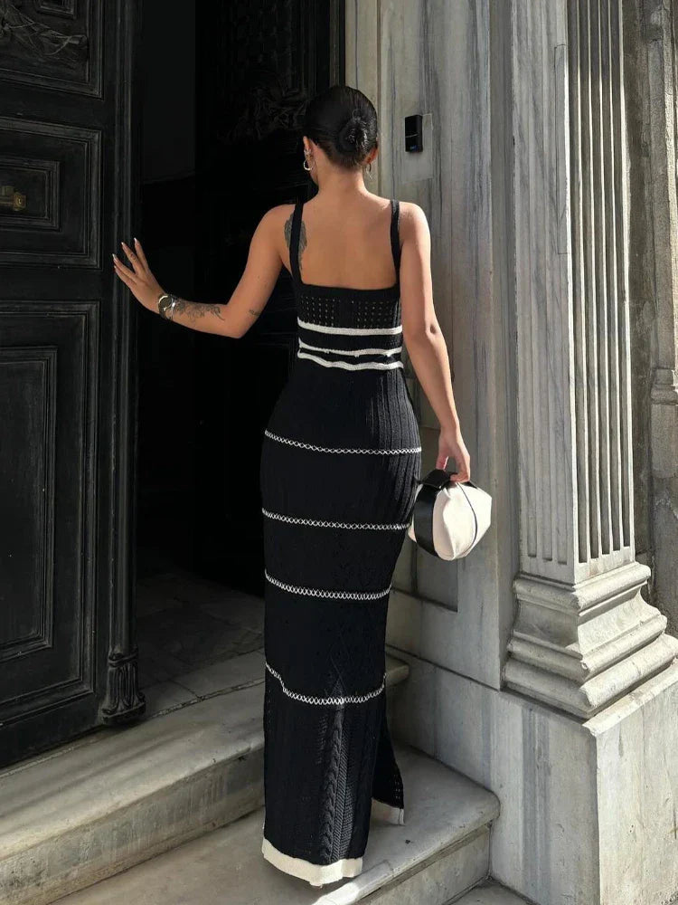 Hollow Out Spaghetti Strap Contrasting Knit Elegant Backless Side Slit Holiday Party Maxi New Casual Dress Mssaz Desses
