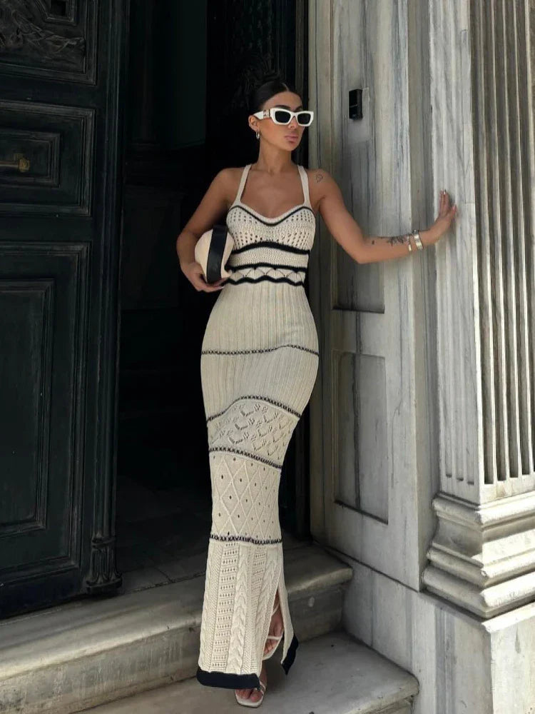 Hollow Out Spaghetti Strap Contrasting Knit Elegant Backless Side Slit Holiday Party Maxi New Casual Dress Mssaz Desses