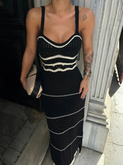 Hollow Out Spaghetti Strap Contrasting Knit Elegant Backless Side Slit Holiday Party Maxi New Casual Dress Mssaz Desses