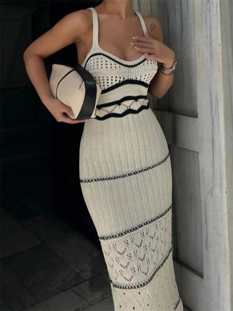 Hollow Out Spaghetti Strap Contrasting Knit Elegant Backless Side Slit Holiday Party Maxi New Casual Dress Mssaz Desses