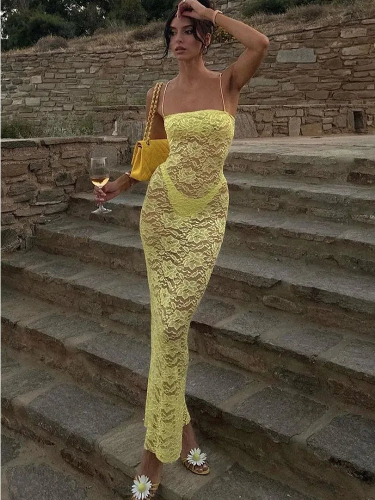 Printed See-Through Female Backless High Waist Elegant Halter Bandage Spaghetti Casual Dress Mssaz Desses