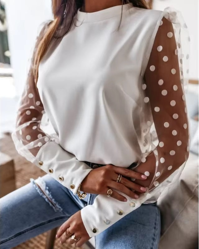 Transparent Lace Puff Sleeve Polka Dot Mesh Sheer Top Mssza