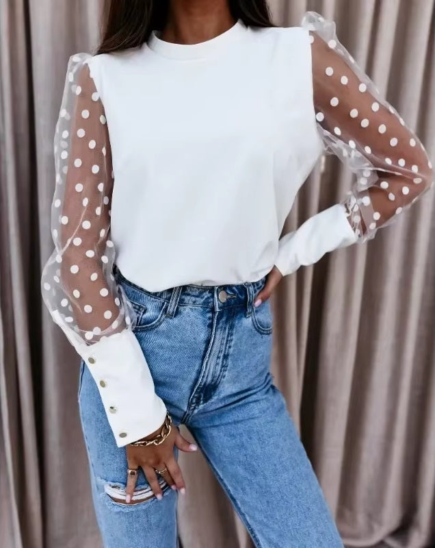 Transparent Lace Puff Sleeve Polka Dot Mesh Sheer Top Mssza