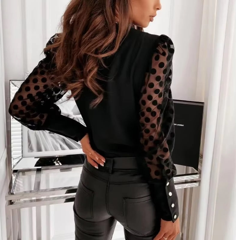 Transparent Lace Puff Sleeve Polka Dot Mesh Sheer Top Mssza