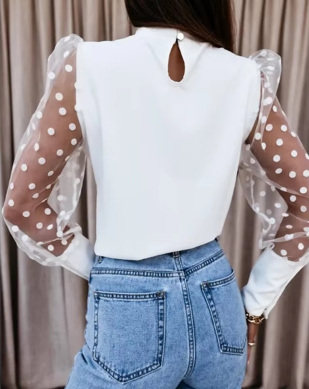 Transparent Lace Puff Sleeve Polka Dot Mesh Sheer Top Mssza