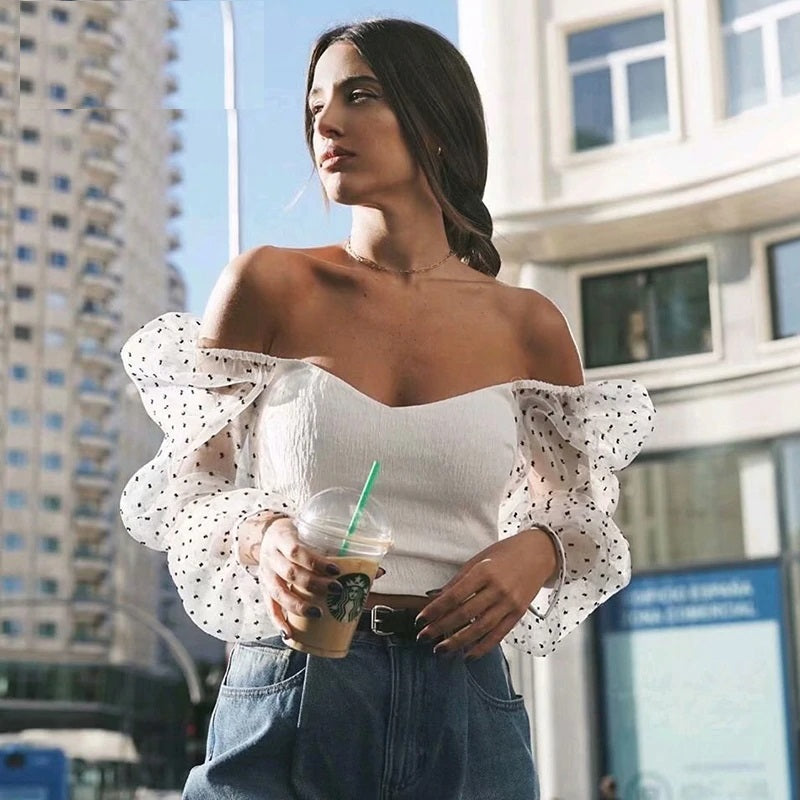 Transparent Long Sleeve Mesh Patchwork Blouses Mssza