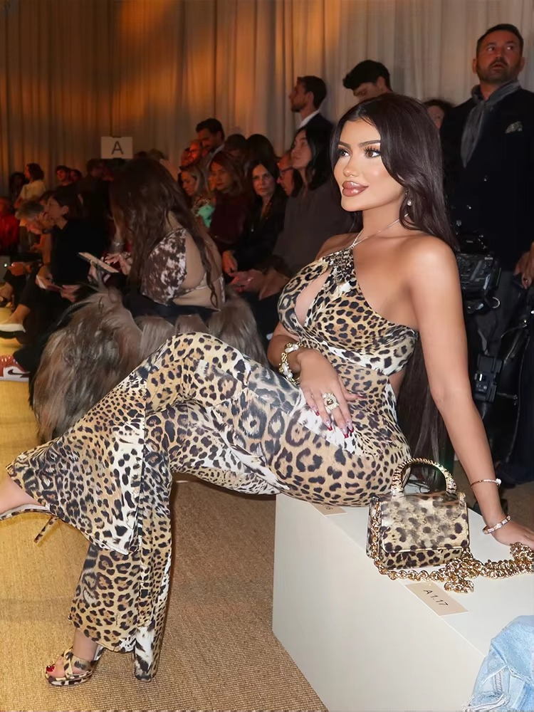 Trend Midnight Halter Bandage Leopard Backless Skinny Overalls Attractive Clubwear Jumpsuits Mssza