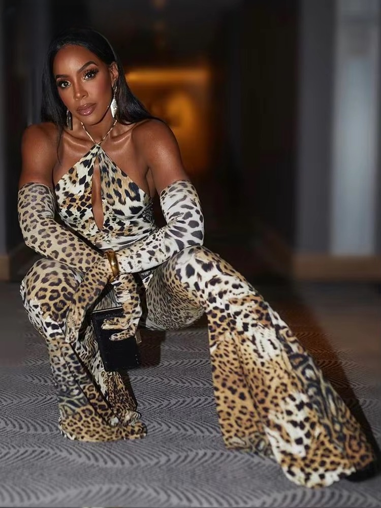 Trend Midnight Halter Bandage Leopard Backless Skinny Overalls Attractive Clubwear Jumpsuits Mssza