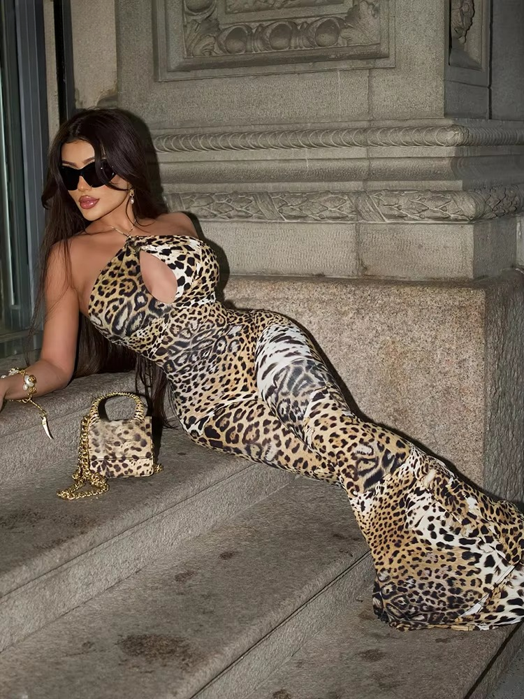 Trend Midnight Halter Bandage Leopard Backless Skinny Overalls Attractive Clubwear Jumpsuits Mssza