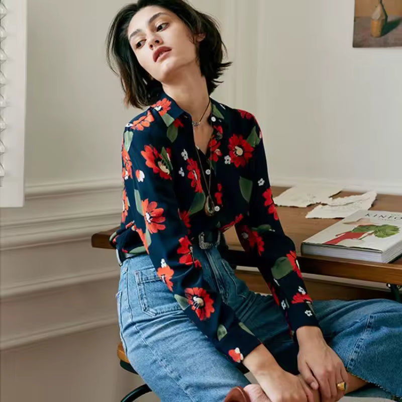 Trend Printing Chiffon Polo-Neck Long Sleeve Floral Shirts Mssza