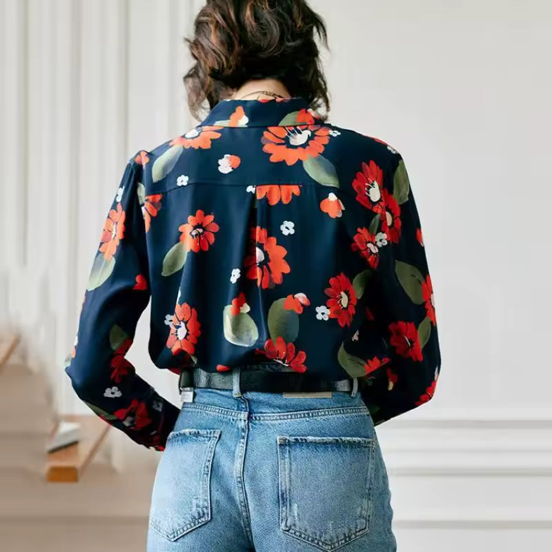 Trend Printing Chiffon Polo-Neck Long Sleeve Floral Shirts Mssza