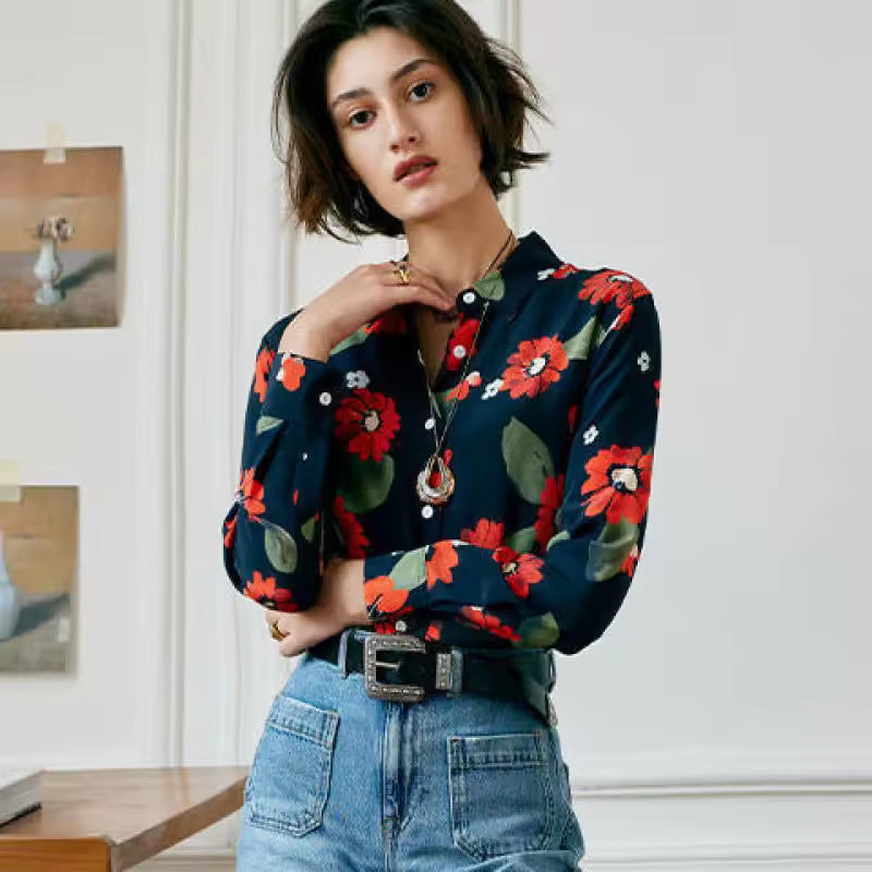 Trend Printing Chiffon Polo-Neck Long Sleeve Floral Shirts Mssza
