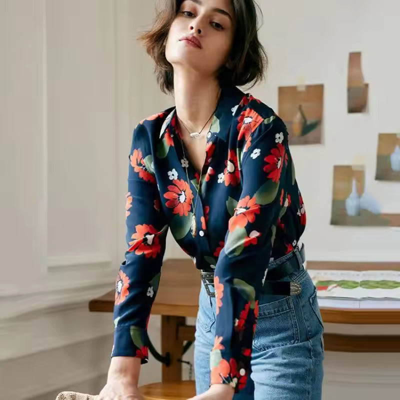 Trend Printing Chiffon Polo-Neck Long Sleeve Floral Shirts Mssza