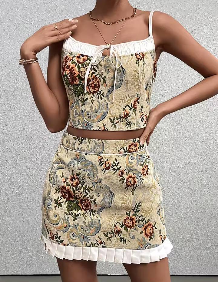 Trendy Adjustable Straps Backless Tie Up Crop Top And Zipper Short Skirt 2 Pieces Set Mssza
