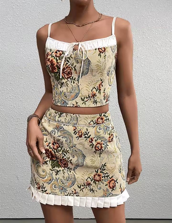 Trendy Adjustable Straps Backless Tie Up Crop Top And Zipper Short Skirt 2 Pieces Set Mssza