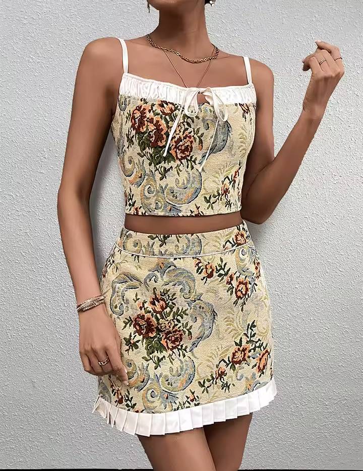 Trendy Adjustable Straps Backless Tie Up Crop Top And Zipper Short Skirt 2 Pieces Set Mssza
