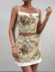 Trendy Adjustable Straps Backless Tie Up Crop Top And Zipper Short Skirt 2 Pieces Set Mssza