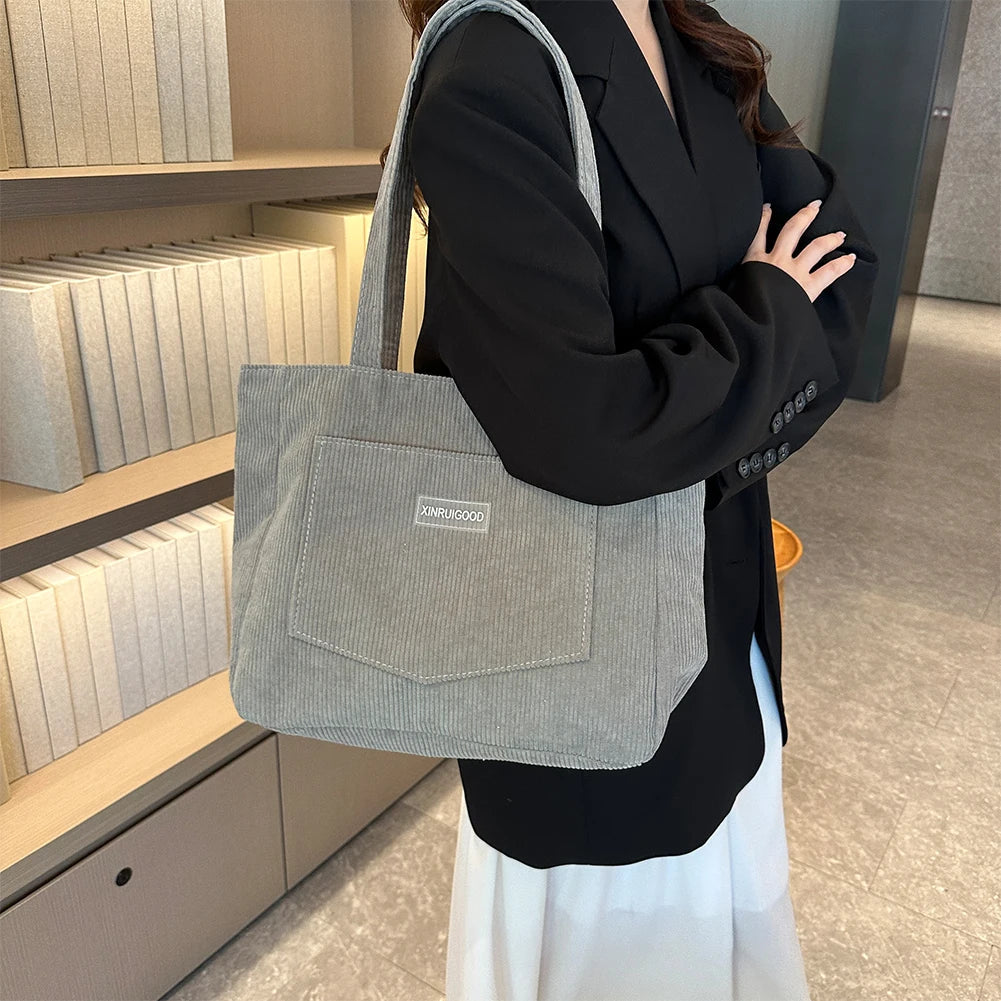 Trendy Corduroy Solid Color With Front Pocket Large Capacity Tote Shoulder Bag Mssza