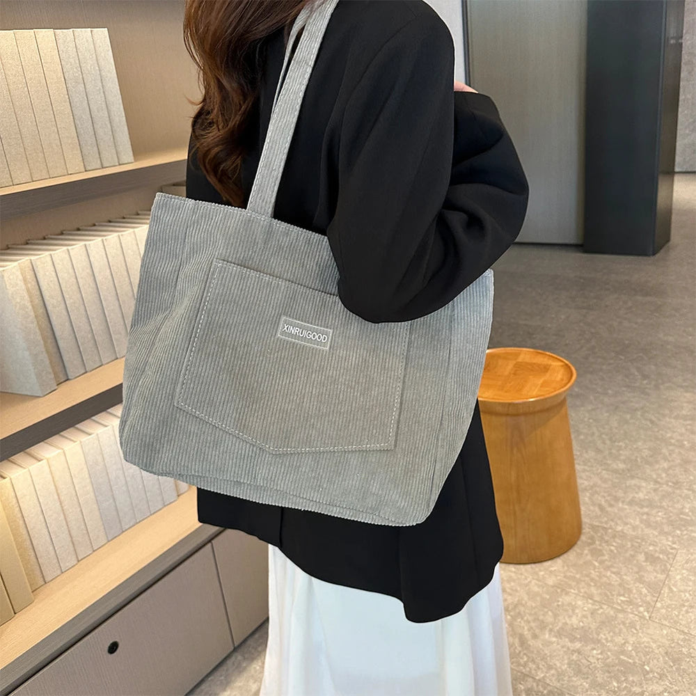 Trendy Corduroy Solid Color With Front Pocket Large Capacity Tote Shoulder Bag Mssza
