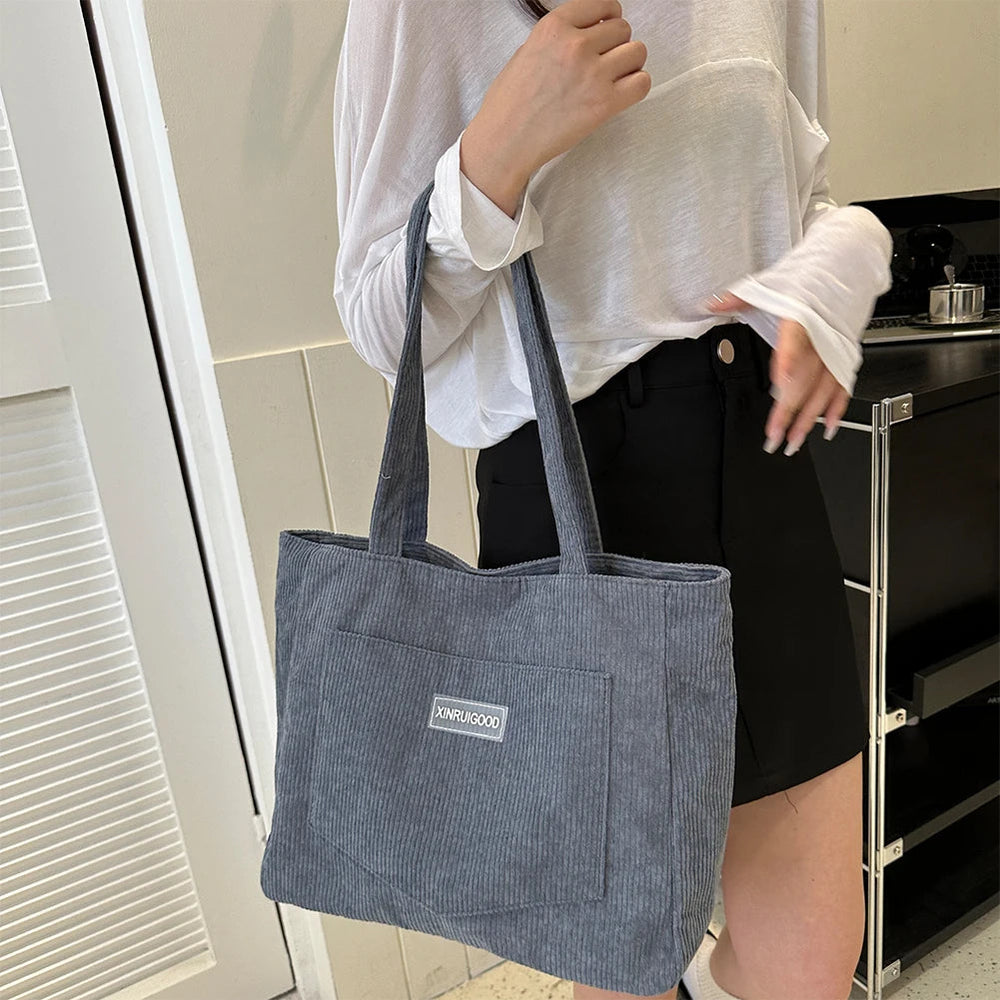 Trendy Corduroy Solid Color With Front Pocket Large Capacity Tote Shoulder Bag Mssza