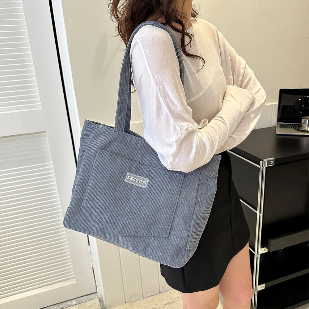 Trendy Corduroy Solid Color With Front Pocket Large Capacity Tote Shoulder Bag Mssza