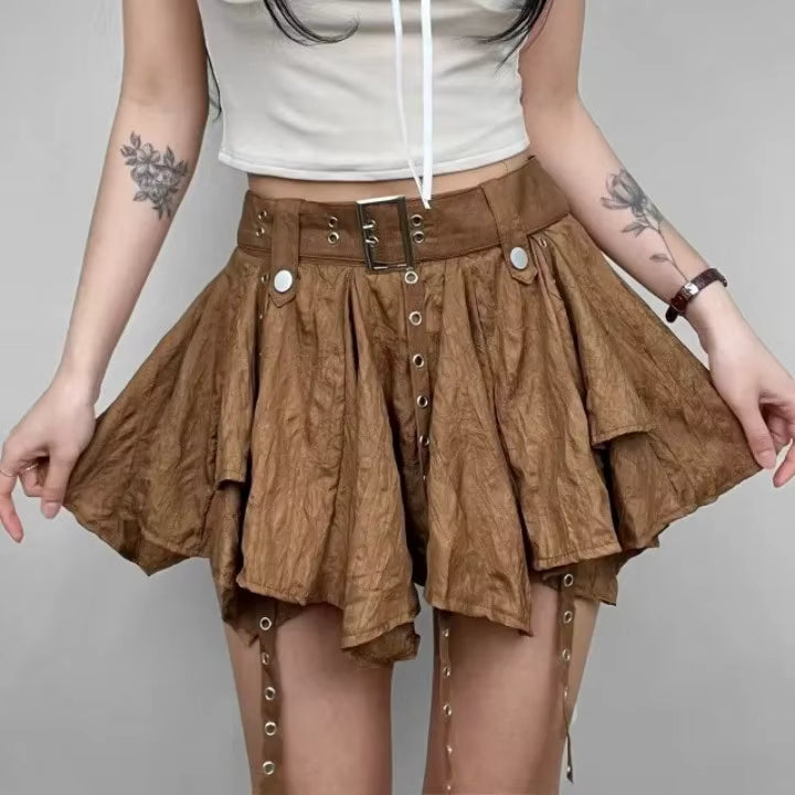 Trendy Crumpled Layer With Belt Strap Elastic Back Asymmetrical Mini Skirt Mssza