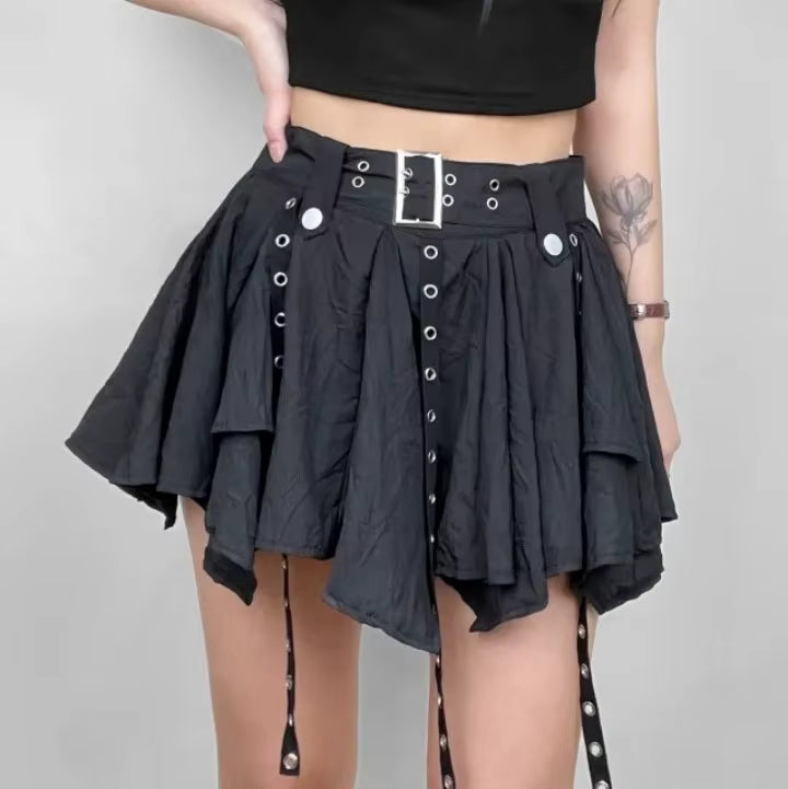 Trendy Crumpled Layer With Belt Strap Elastic Back Asymmetrical Mini Skirt Mssza