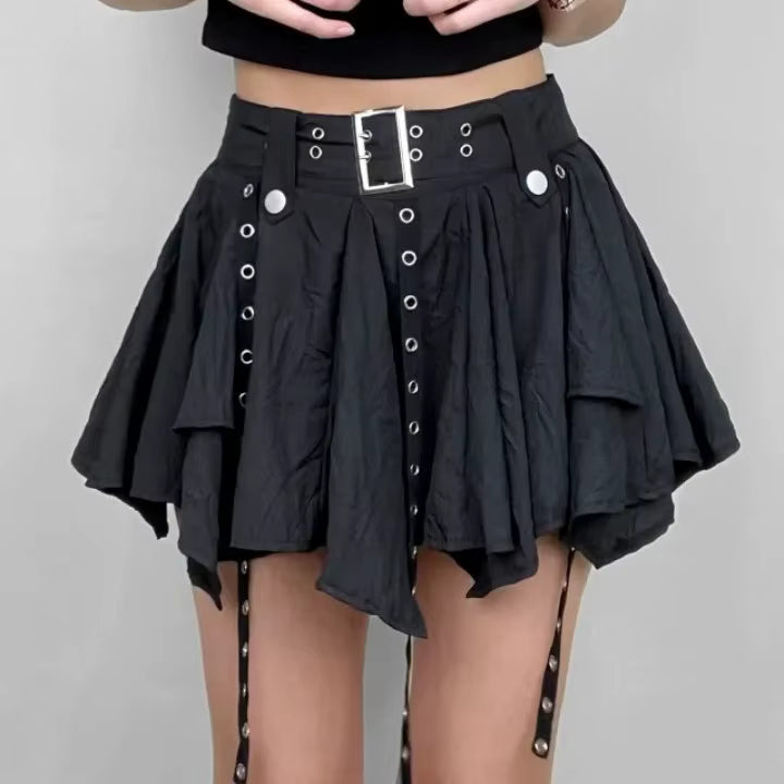 Trendy Crumpled Layer With Belt Strap Elastic Back Asymmetrical Mini Skirt Mssza
